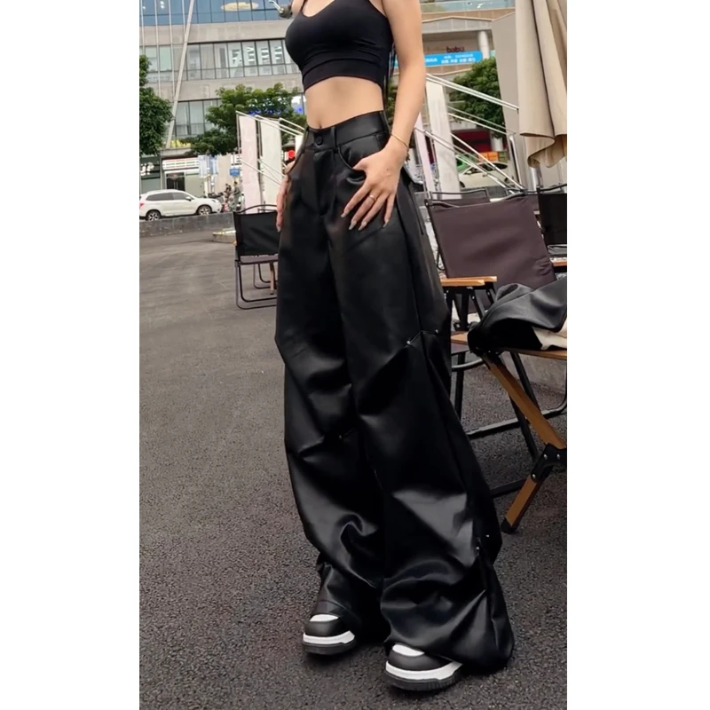 【现货】96639潮牌2025新款个性直筒阔腿纯色皮裤遮肉褶皱休闲裤