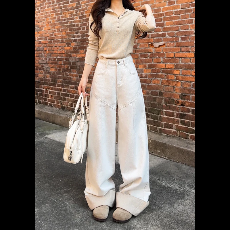 【清仓】91161白色加厚磨毛牛仔直筒裤冬季新款直筒百搭复古休闲裤