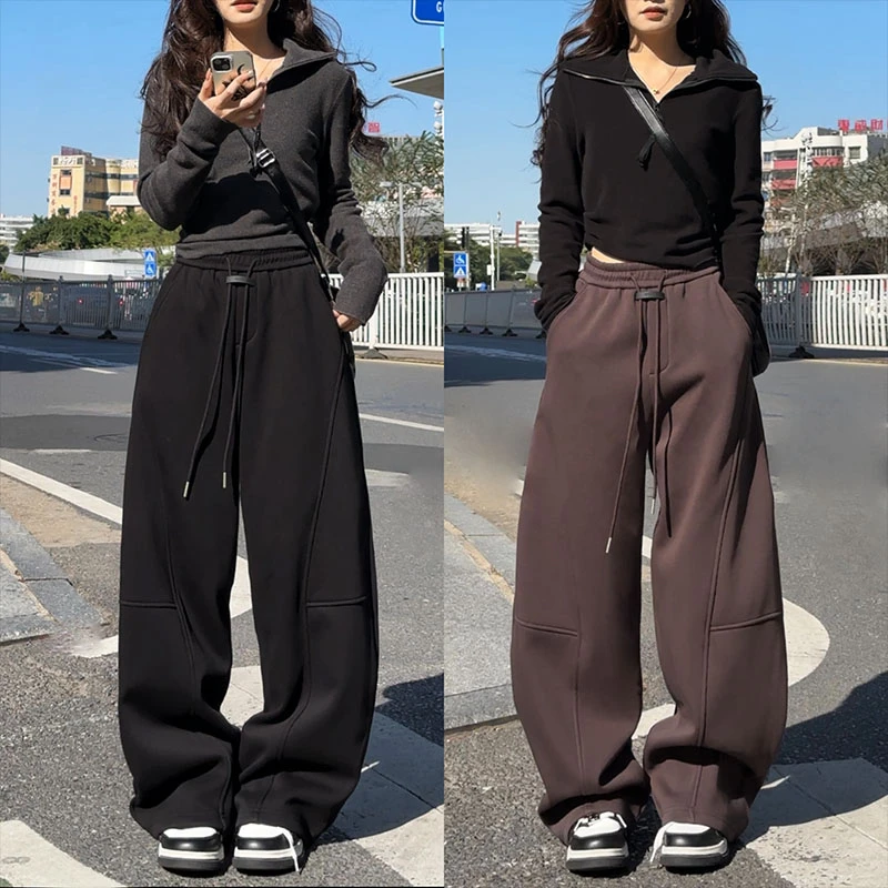 10056小个子加绒卫裤女2025秋冬新款直筒宽松百搭阔腿休闲裤女裤