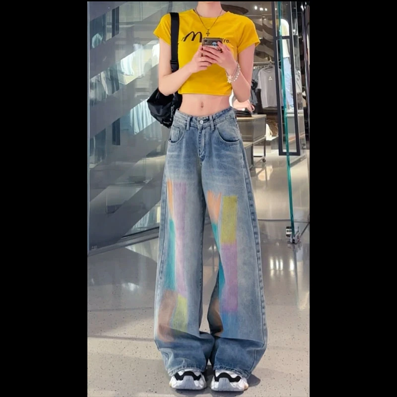 （初八清仓）52058薄款高腰牛仔裤女新款彩色喷绘直筒时尚显瘦裤子
