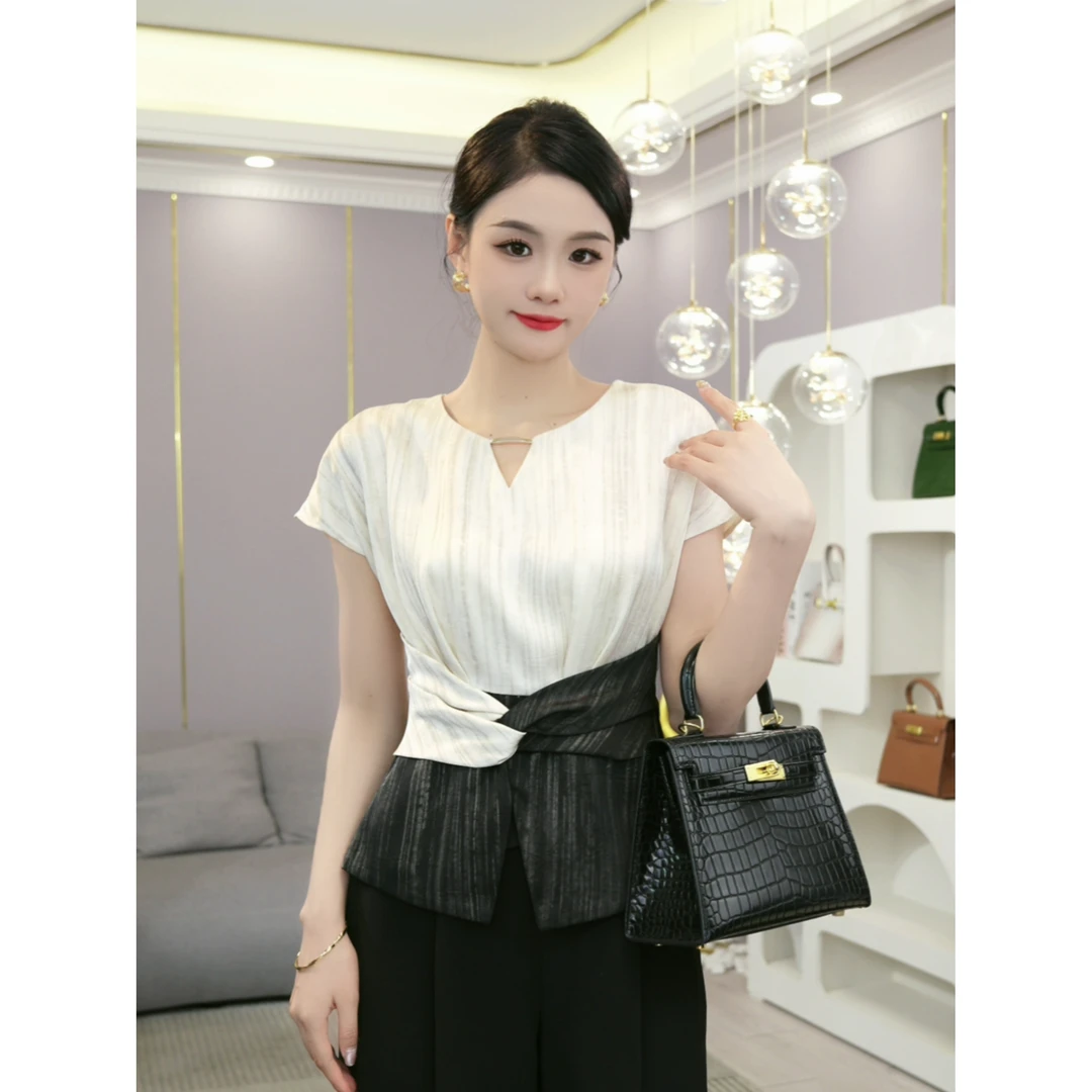 唐熹2025年夏季新款【R24-X24】法式高级肌理纹扭结短袖上衣