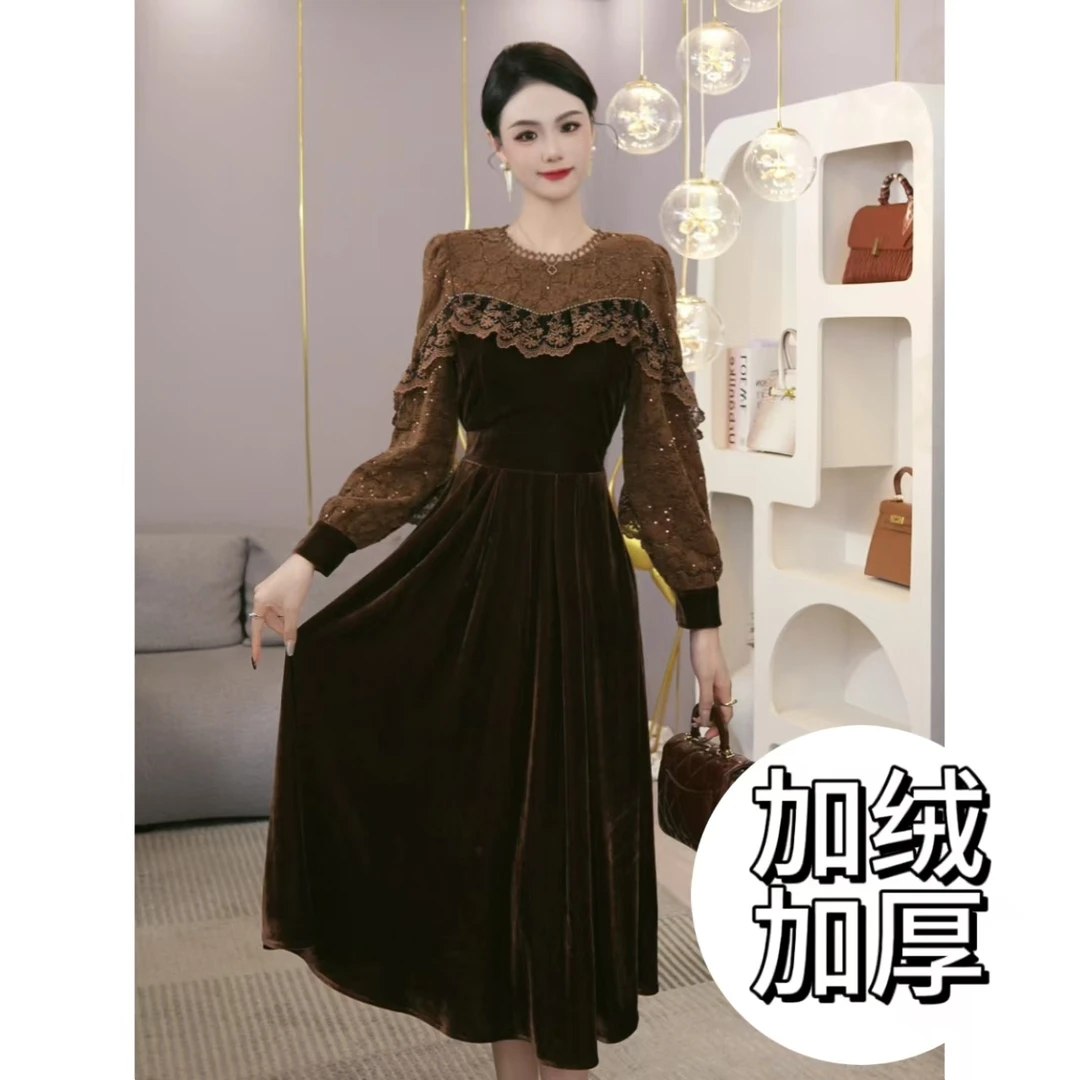唐熹2025年秋冬季新款【H-D272】小众气质高级感咖色丝绒长袖连衣裙