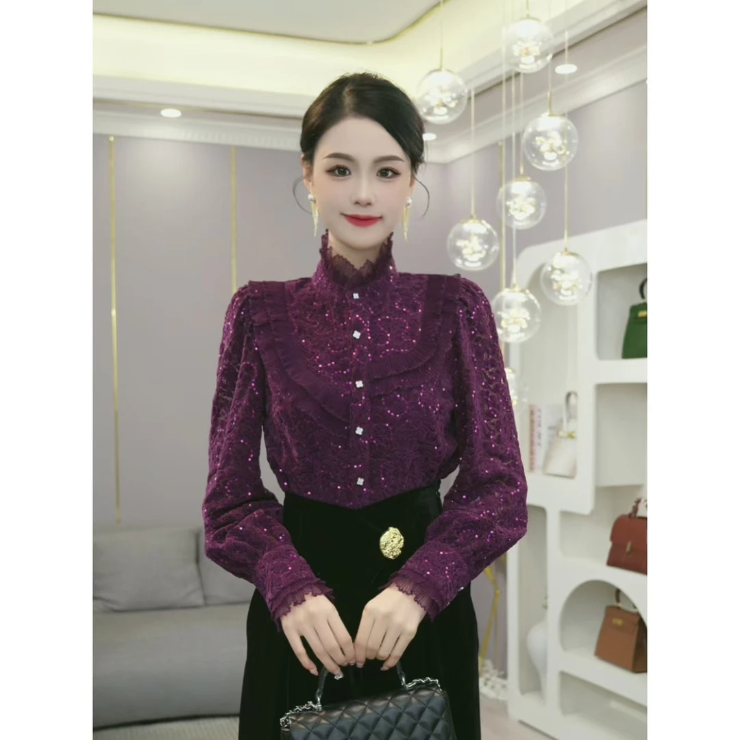 唐熹2025秋冬加厚【LT23-Q109】高级奢华重工礼服植绒蕾丝紫色上衣
