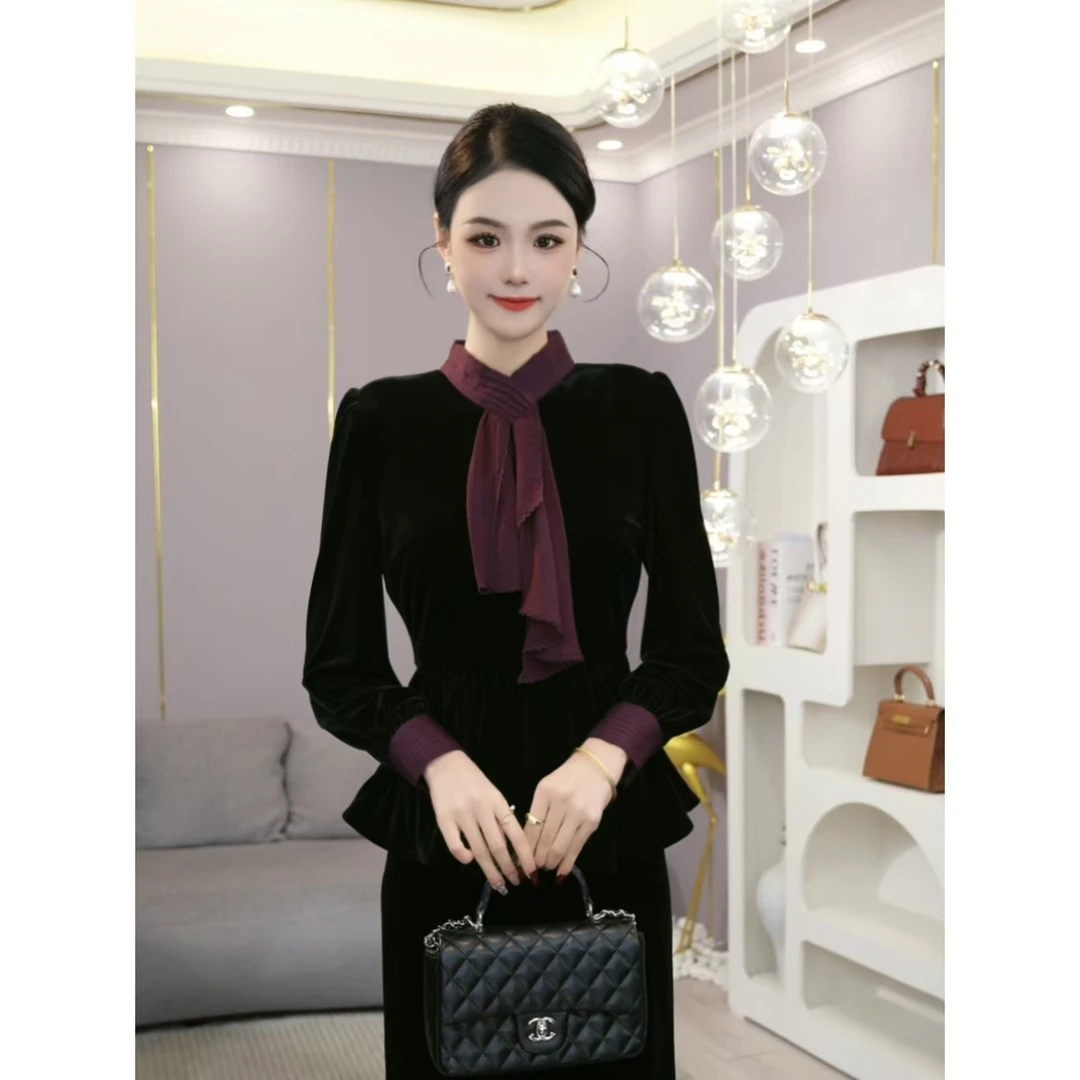 唐熹2025秋冬新款【LT24-Q698】高端时尚荡领高级气质丝绒衬衫上衣