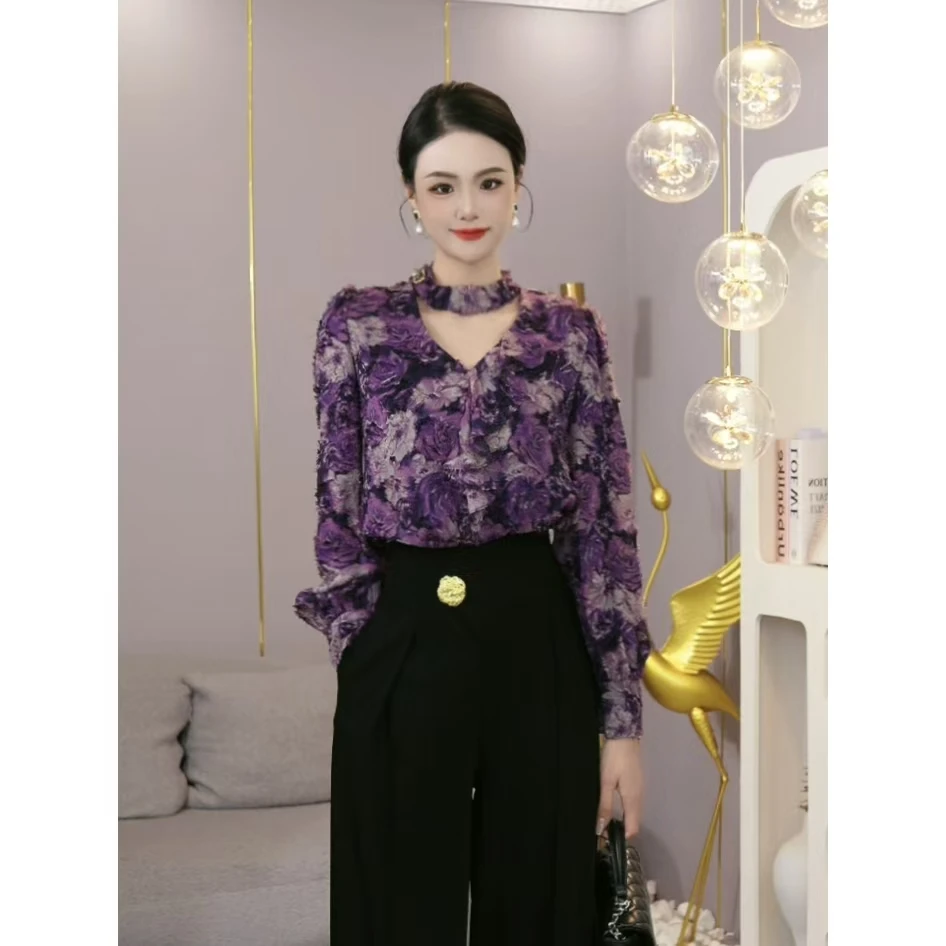 唐熹2025秋冬加厚【DD-6110】高级感气质紫色碎花时尚洋气百搭上衣