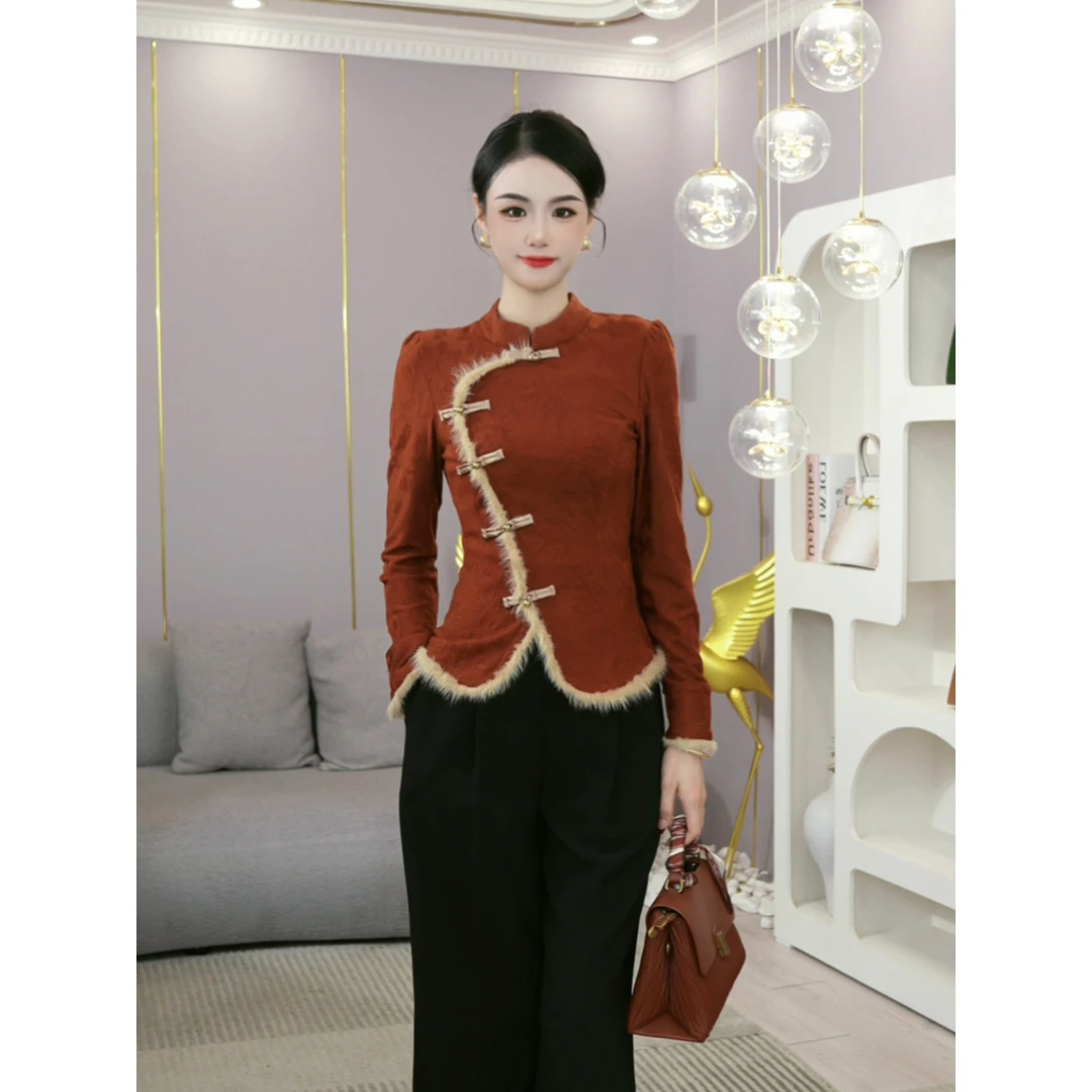 唐熹2025秋冬新款【3590】腔调穿搭新中式不规则国风复古橘红色上衣