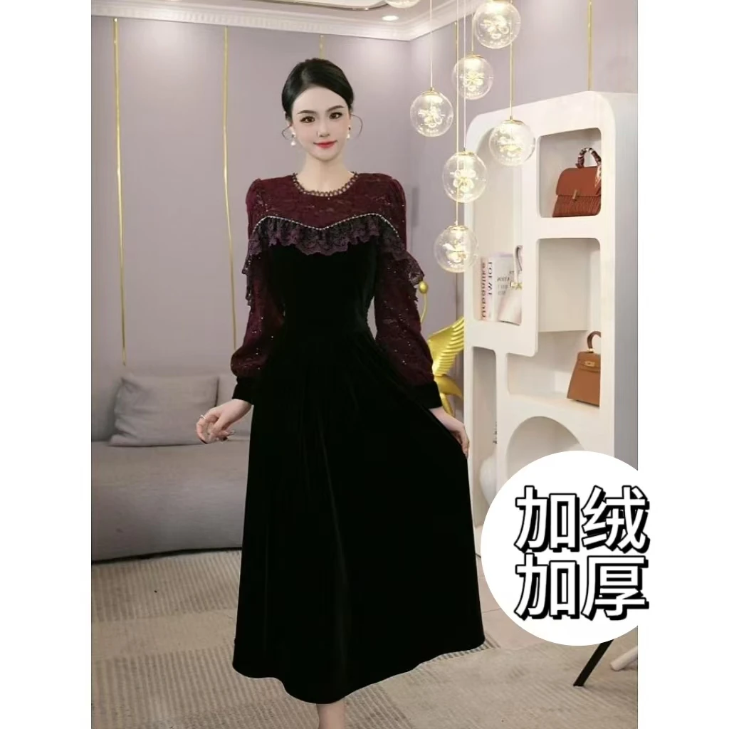 唐熹2025年秋冬季新款【H-D272】加绒加厚修身外穿内搭丝绒连衣裙女