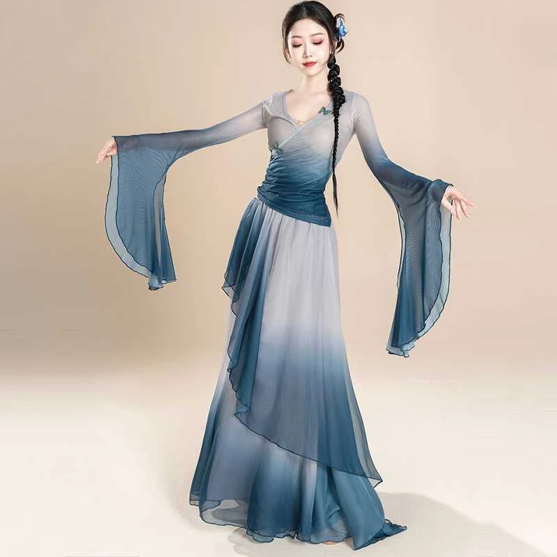 古典舞喇叭袖舞蹈身韵纱衣女中国民族舞练功服形体服渐变演出服装