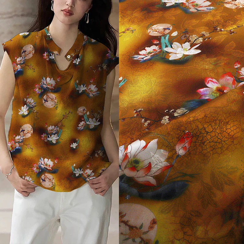 《XYS011翠荷图》真丝香云纱高端布料荷花女装连衣裙外套面料