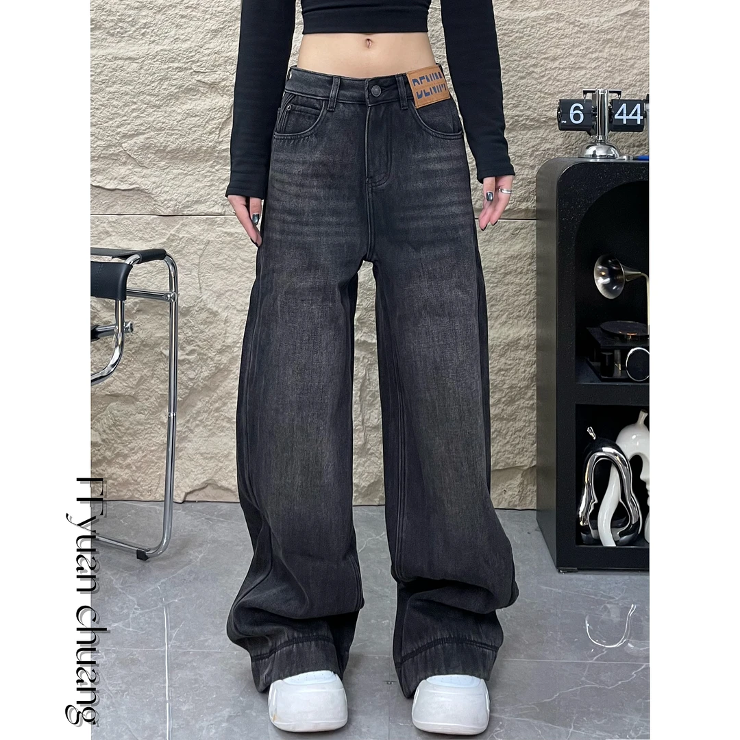 加绒·TM9009-2冬季新款设计感显气质透气水洗拼接显瘦阔腿裤