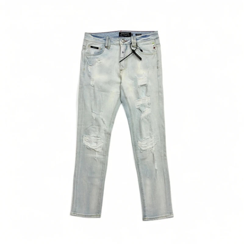 MIRIALLIA高端夏季浅水蓝潮流牛仔裤8851男士修身破洞男牛仔裤子