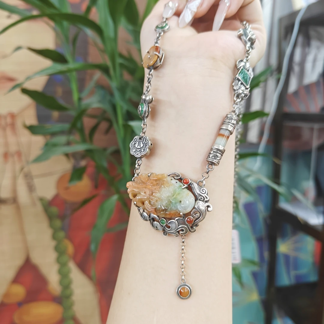 恒玖翡翠 台湾银镶 天然翡翠吊坠 手工珠宝镶嵌 复古