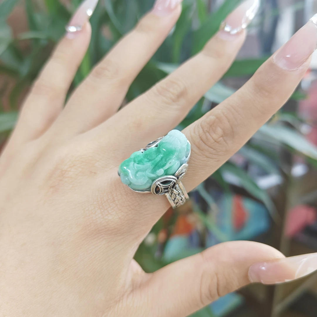 恒玖翡翠 台湾银镶 天然翡翠戒指 手工珠宝镶嵌 复古