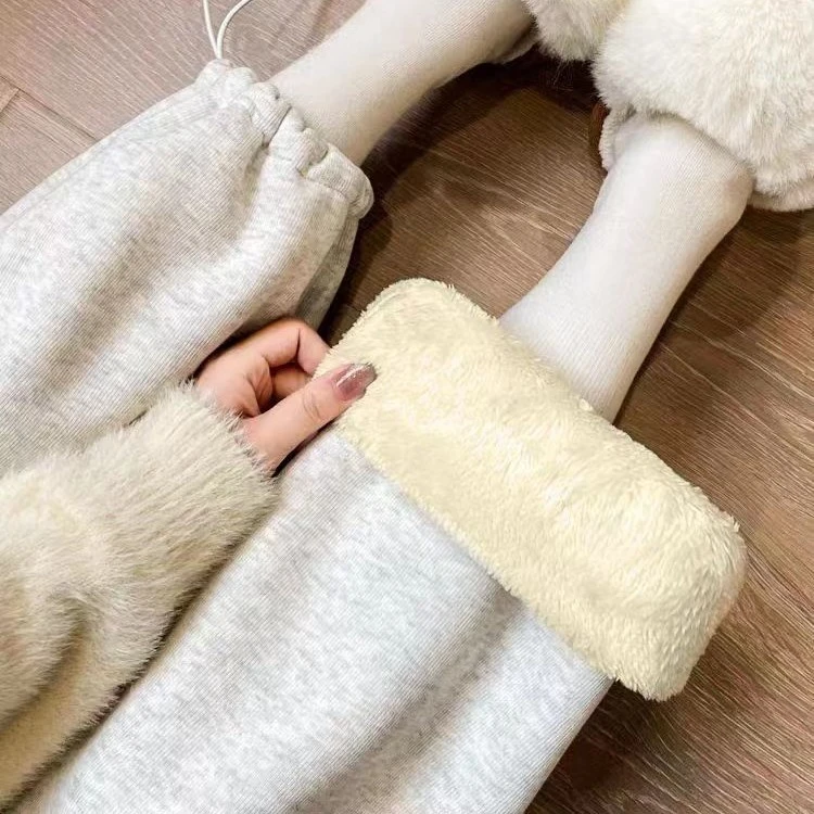 灰色羊羔绒运动裤女秋冬季加绒特厚阔腿东北一条过冬美式抽绳卫裤