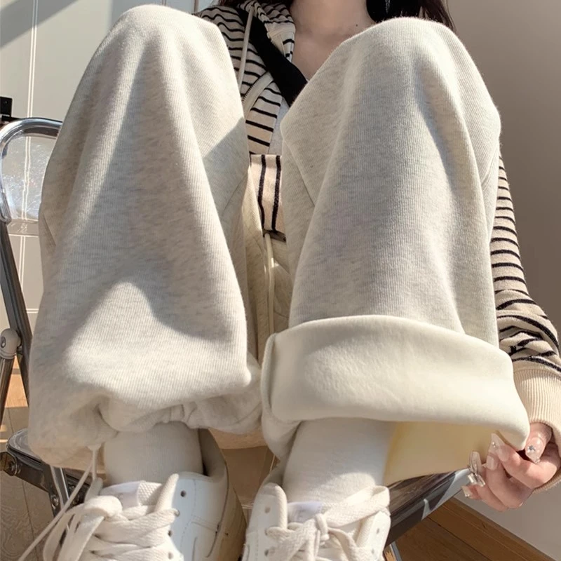 羊羔绒运动裤女秋冬宽松束脚棉裤加绒加厚阔腿裤灰色直筒休闲卫裤