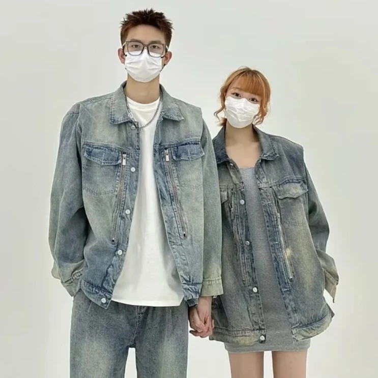 美式潮牌水洗做旧牛仔外套男女夹克宽松oversize情侣上衣秋款百搭