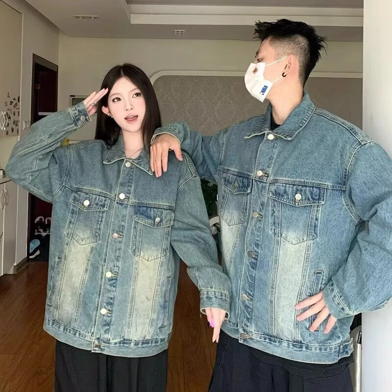 美式复古水洗牛仔夹克外套男女同款春季ins潮流痞帅牛仔情侣外套