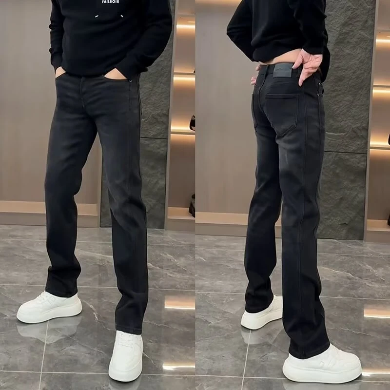 夏季新款男士高档水洗黑色休闲牛仔裤欧货修身百搭微阔腿直筒长裤