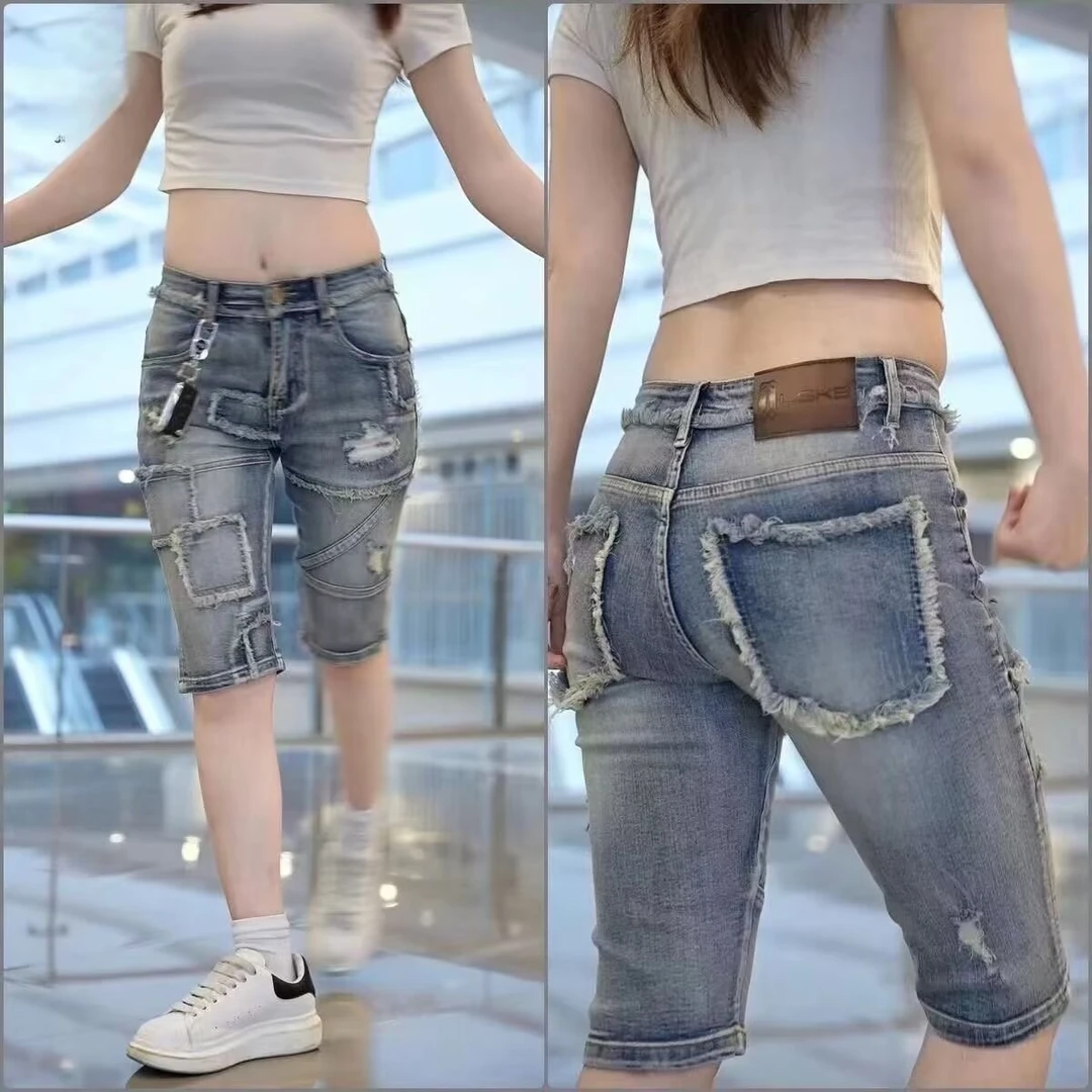 男士牛仔短裤夏季薄款宽松五分中裤潮牌拼接机车5分破洞弹力马裤