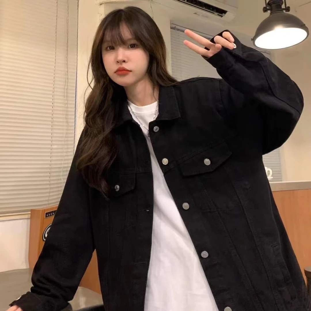 春秋季新款潮牌黑色牛仔外套男女网红同款学生百搭宽松夹克上衣服