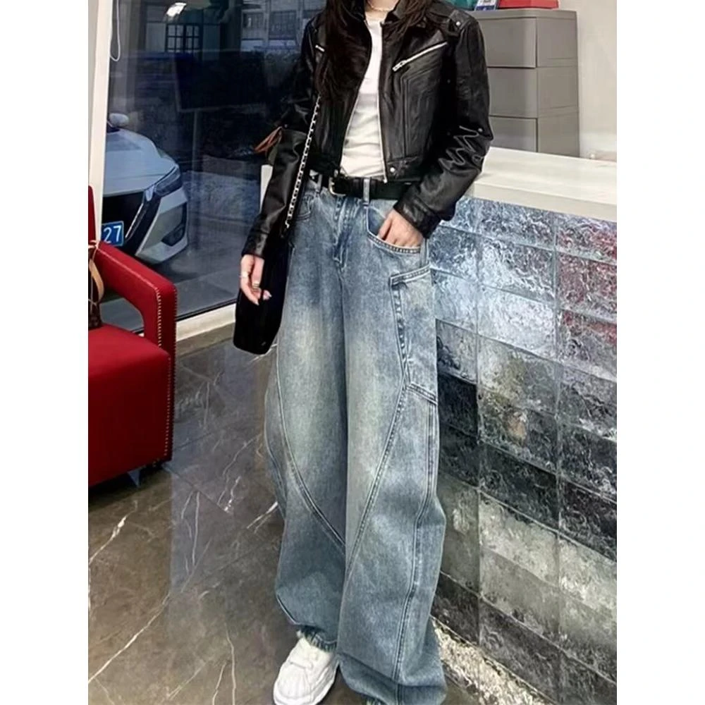 美式高街水洗做旧直筒牛仔裤男潮牌宽松显瘦垂感复古拼接长裤男