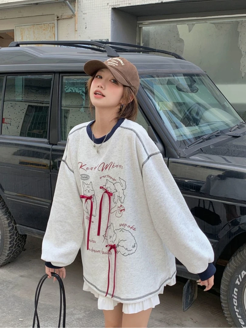 女装T恤秋冬春款打底休闲长袖宽松加绒加厚冬季学生慵懒风ins圆领