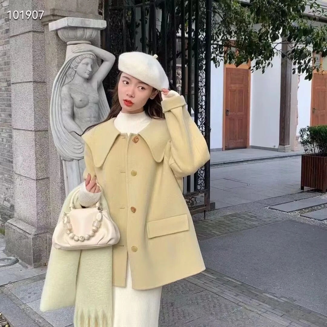 呢外套网红短款时尚百搭双面冬季加厚翻领小气质小个子宽娃娃领款