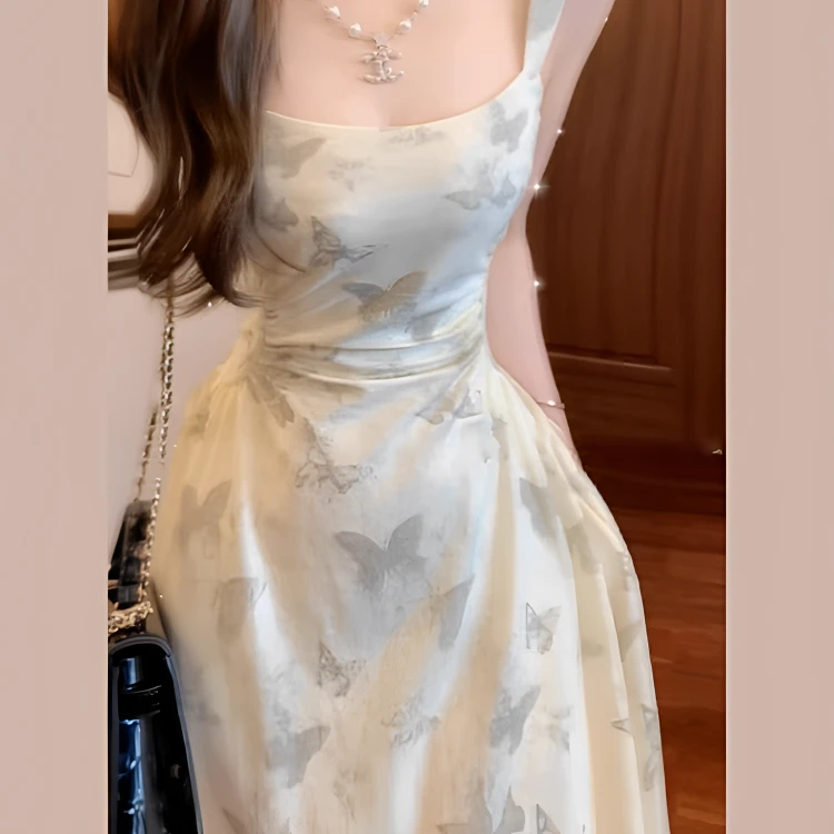 韩系气质蝴蝶印花清冷风绝美辣妹茶歇海边度假风无袖连衣裙