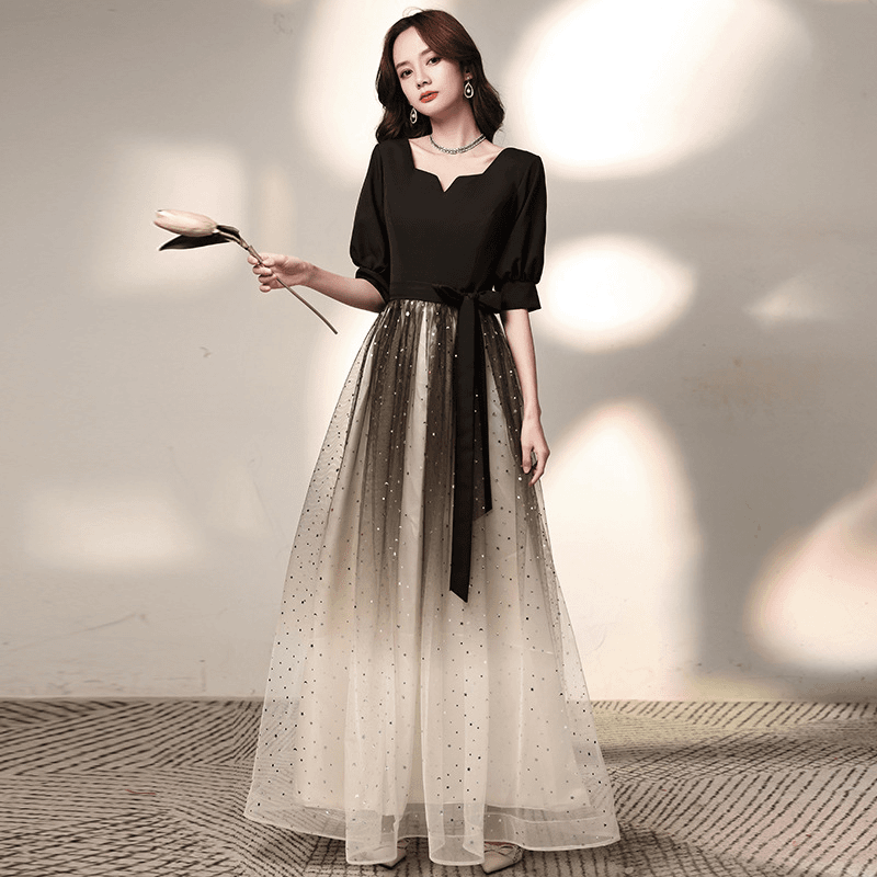 黑色晚礼服裙女平时可穿渐变星空气质合唱团指挥演出服宴会主持人