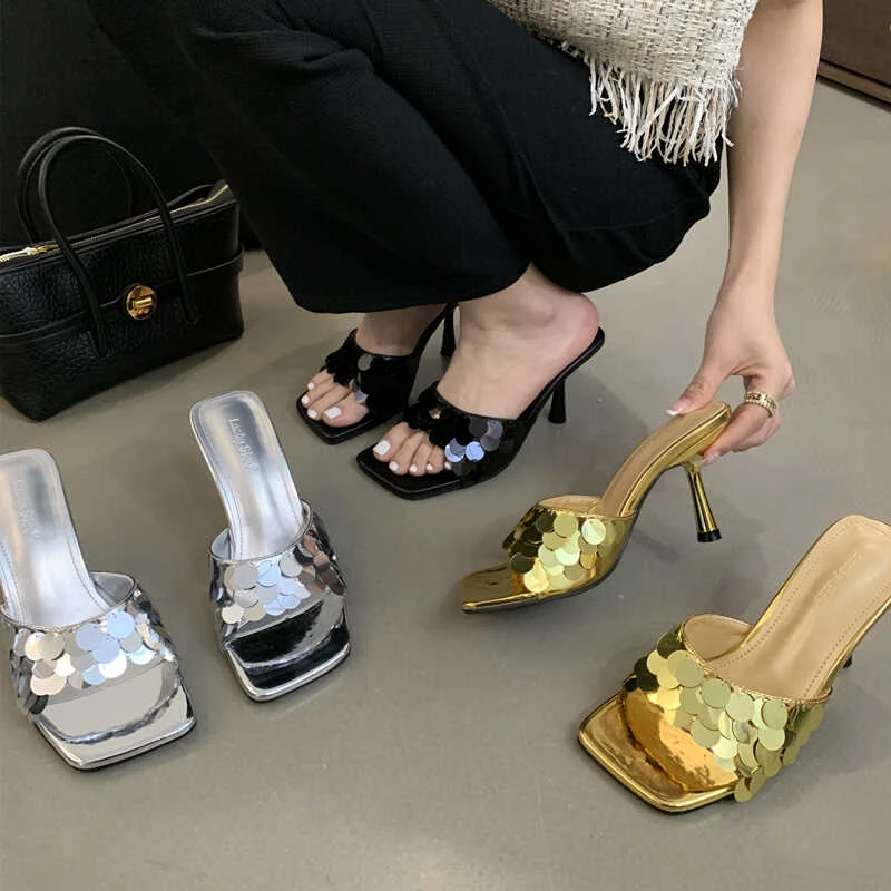 2025年夏季新款方头露趾亮片一字带高跟凉拖鞋女细跟外穿时尚百搭