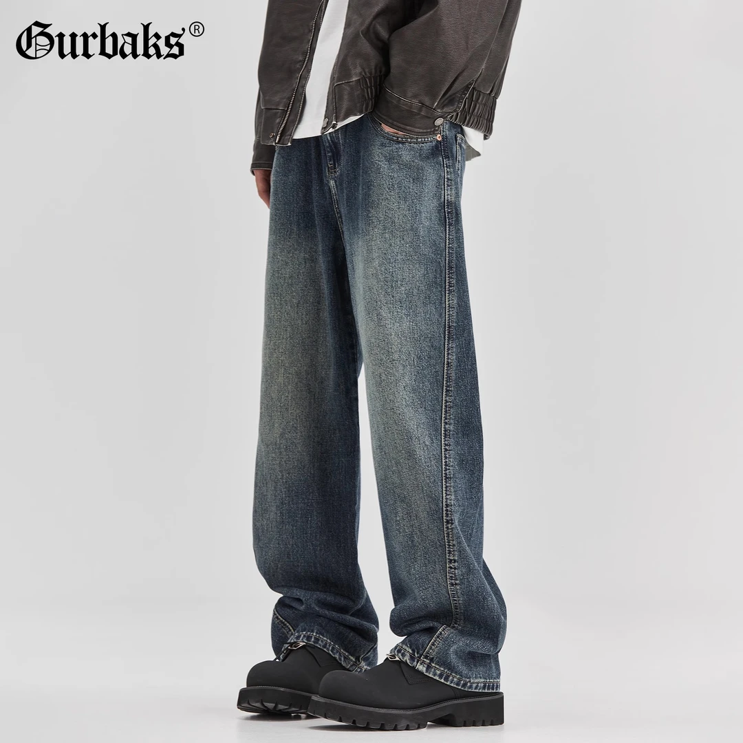 【古克】美式复古宽松阔腿牛仔裤男水洗做旧潮牌直筒青少年长裤子