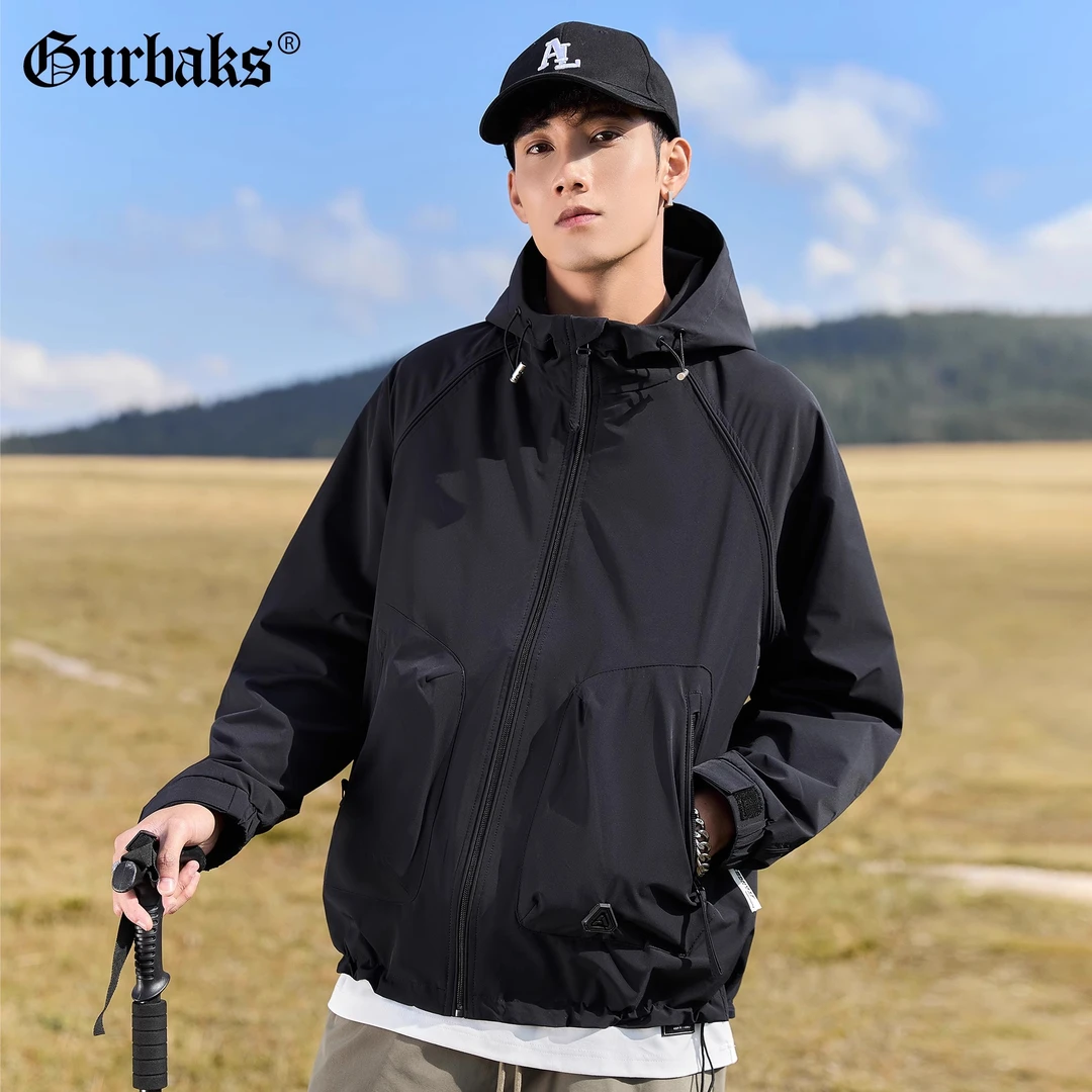 【古克】春秋新款连帽工装外套男时尚百搭宽松休闲冲锋衣痞帅夹克