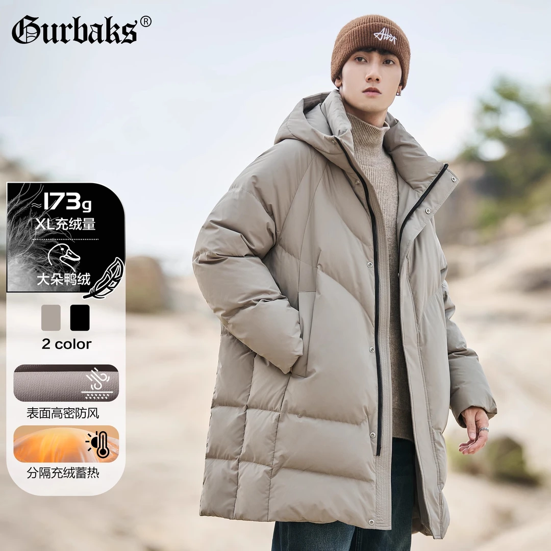 【古克】冬季新款中长款90羽绒服男女宽松休闲白鸭绒情侣连帽外套