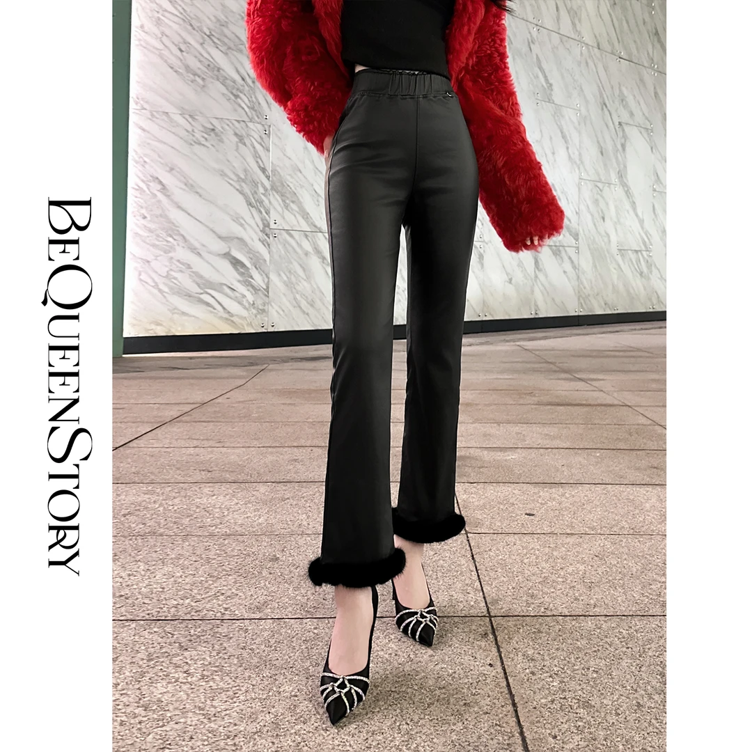 余潇潇【英伦腔调】气质百搭微弹脚口拼接水貂毛加绒休闲裤