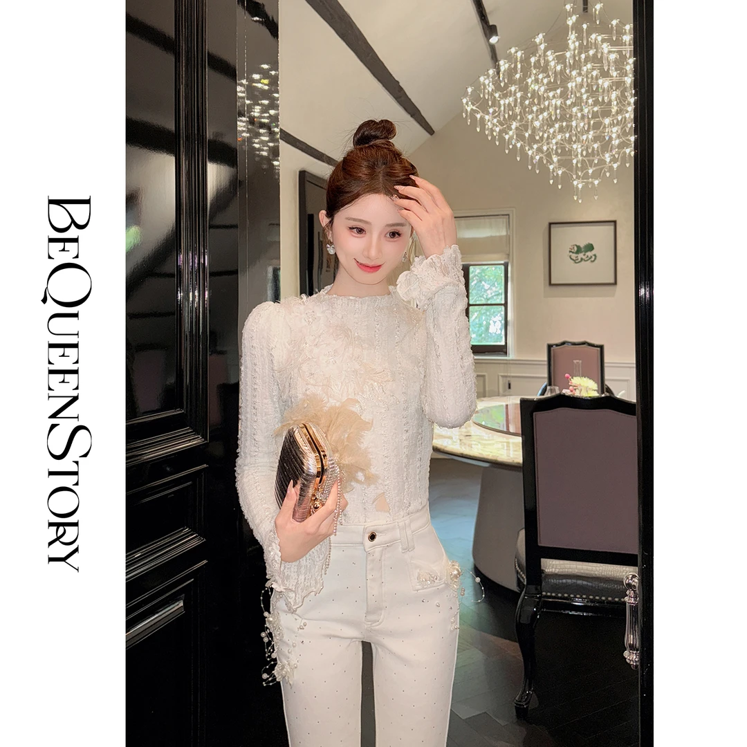 韩韩IU【纯欲花事】时尚法式宫廷风手工花朵女生秋冬半高领打底衫