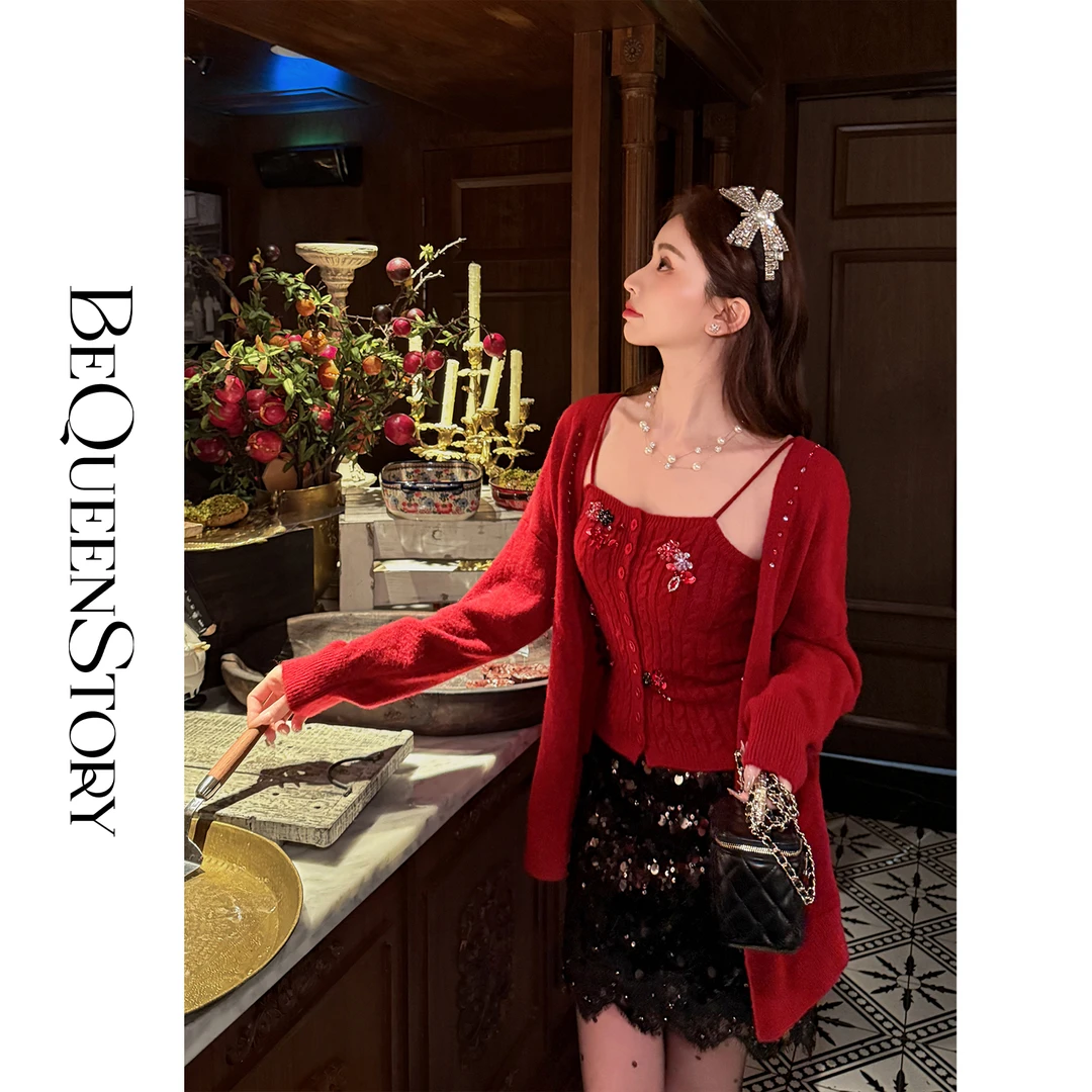 韩韩IU【花束爱恋】时尚精致手工立体花朵钉珠吊带&开衫两件套