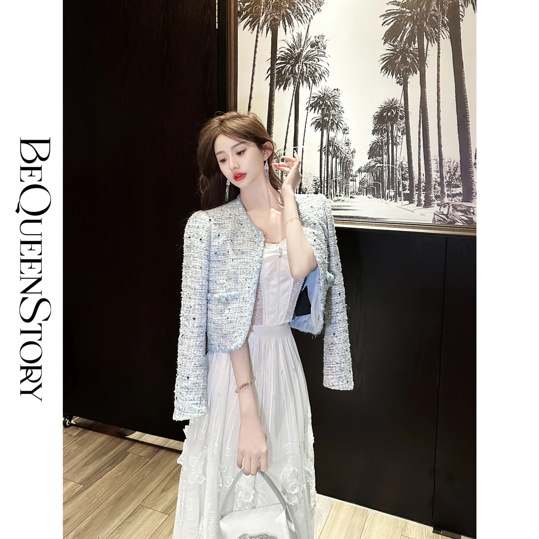 余潇潇【蓝海星梦】亮丝纱线繁星点缀粗呢短款小香H型上衣