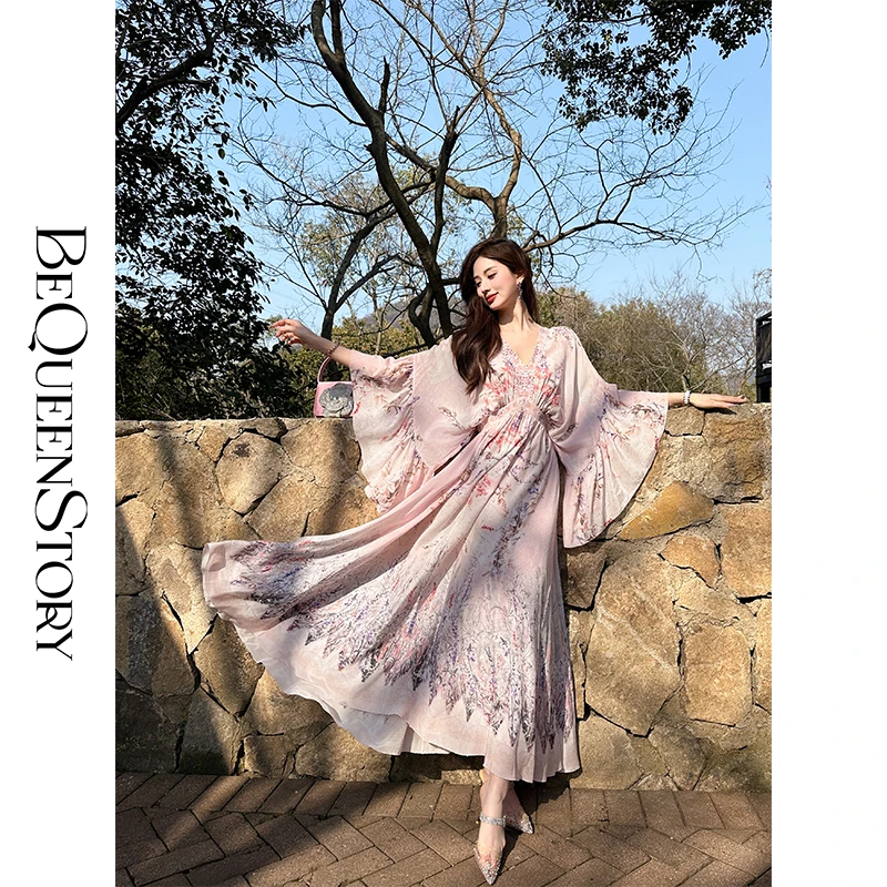 余潇潇【花海绘梦】法式浪漫印花桑蚕丝双绉夏日烫钻复古连衣