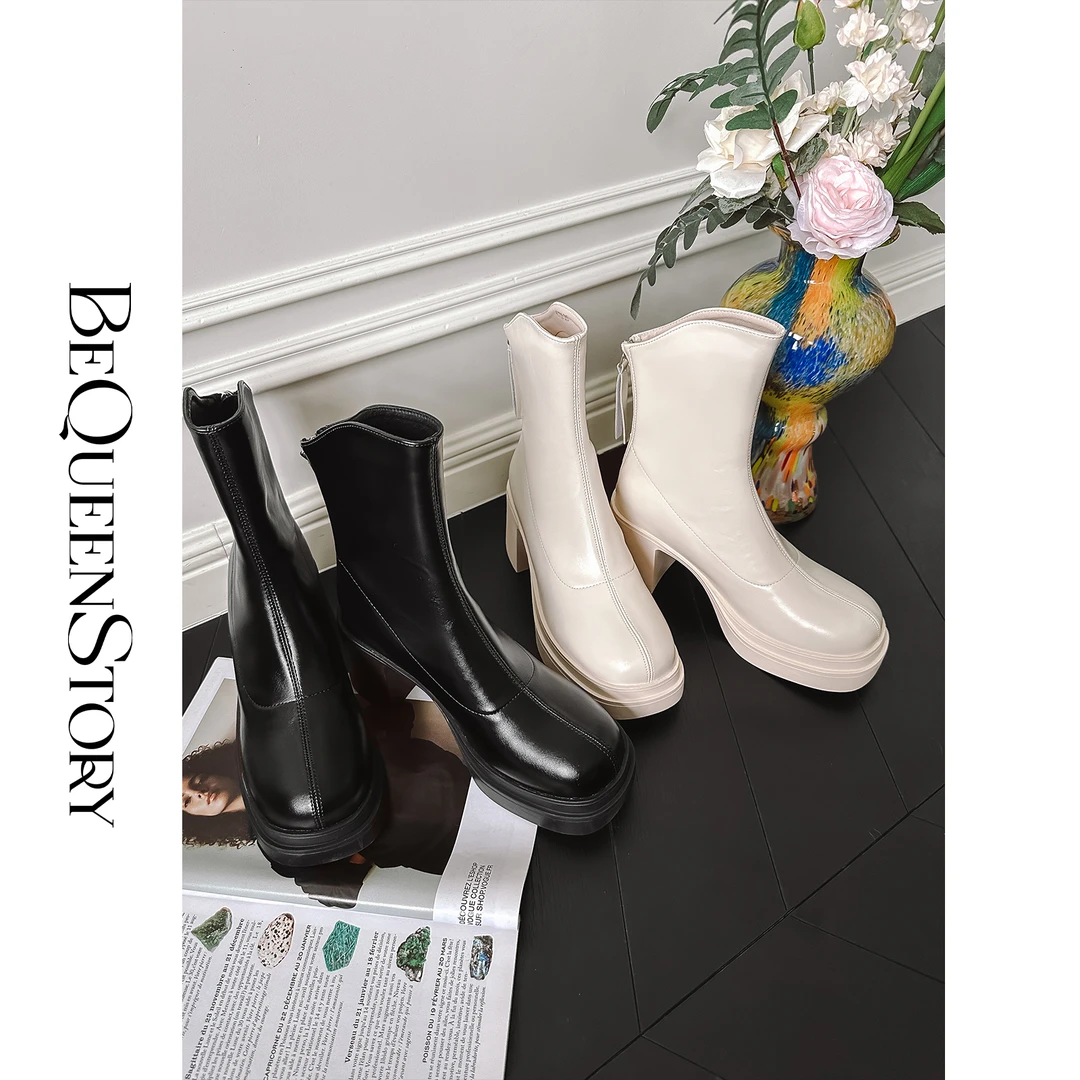 余潇潇轻奢时尚气质潮流百搭高筒圆头牛皮马丁靴粗跟增高鞋女