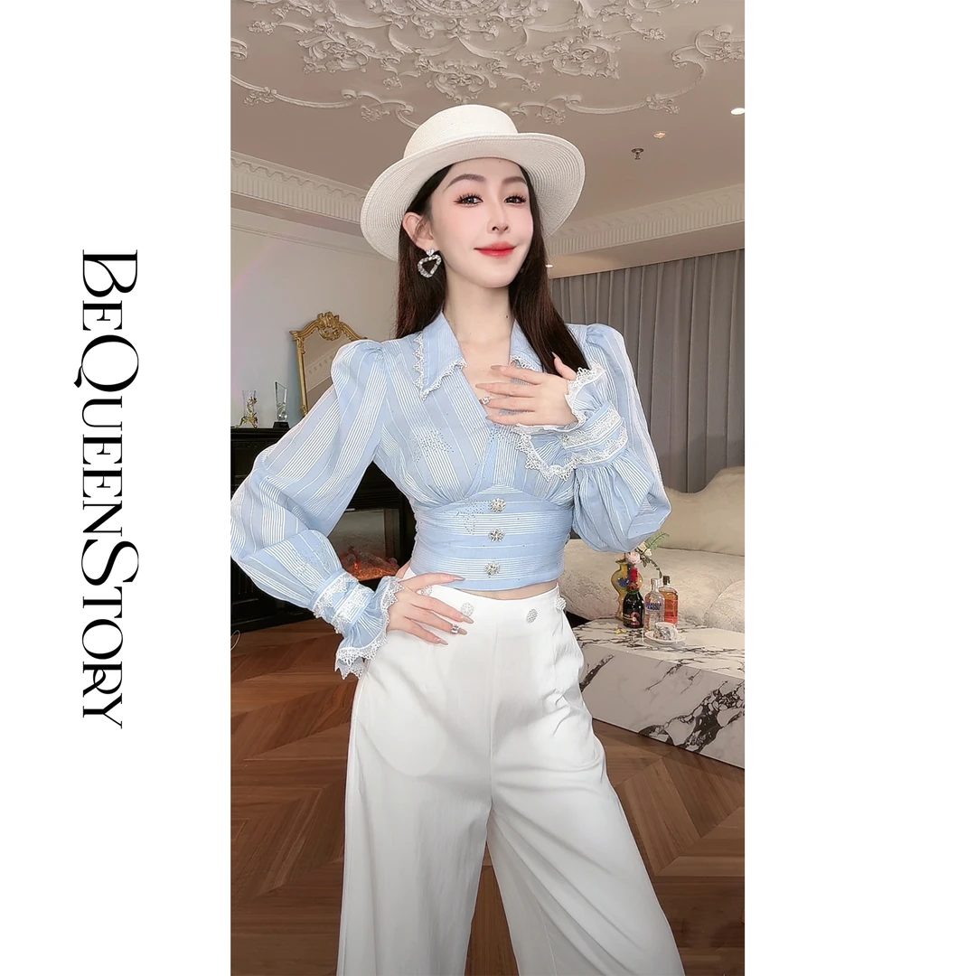 【小呆鸟专享】【初吻玫瑰】设计感蕾丝花边烫钻收腰蓝色条纹衬衫通勤