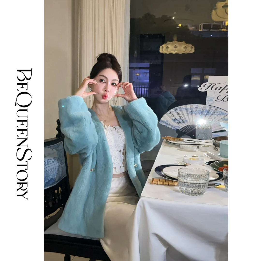 余潇潇【恋冬蓝宝石】高级时髦重工天鹅绒水貂毛皮V领收腰皮草