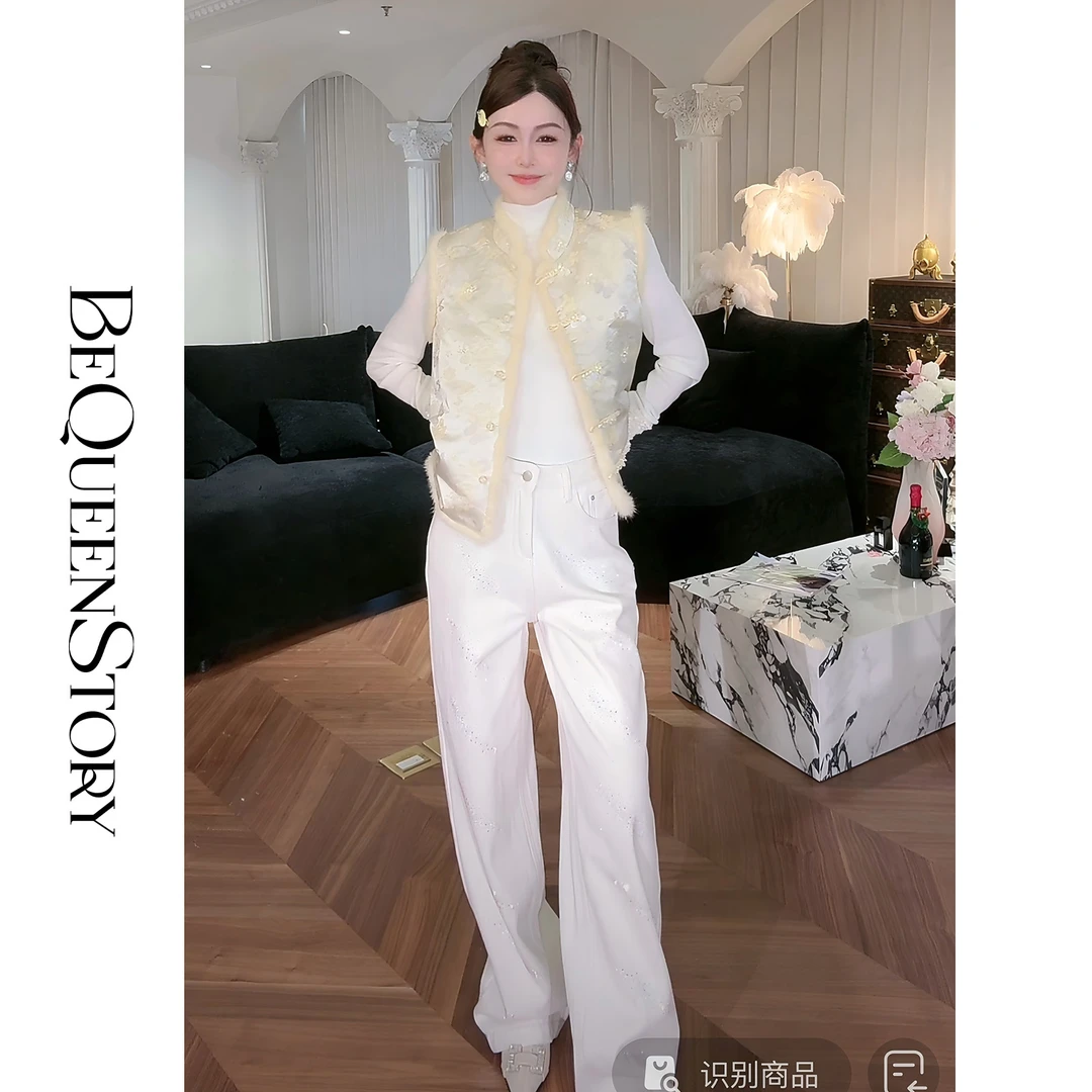 余潇潇【浪漫星露】时尚百搭斜纹烫钻加厚绒直筒阔腿牛仔裤秋冬女