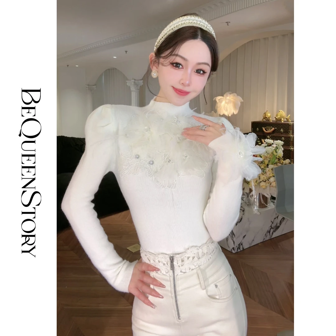 余潇潇【迷雾山茶】气质修身立体花朵柔软半高领打底毛针织衫冬