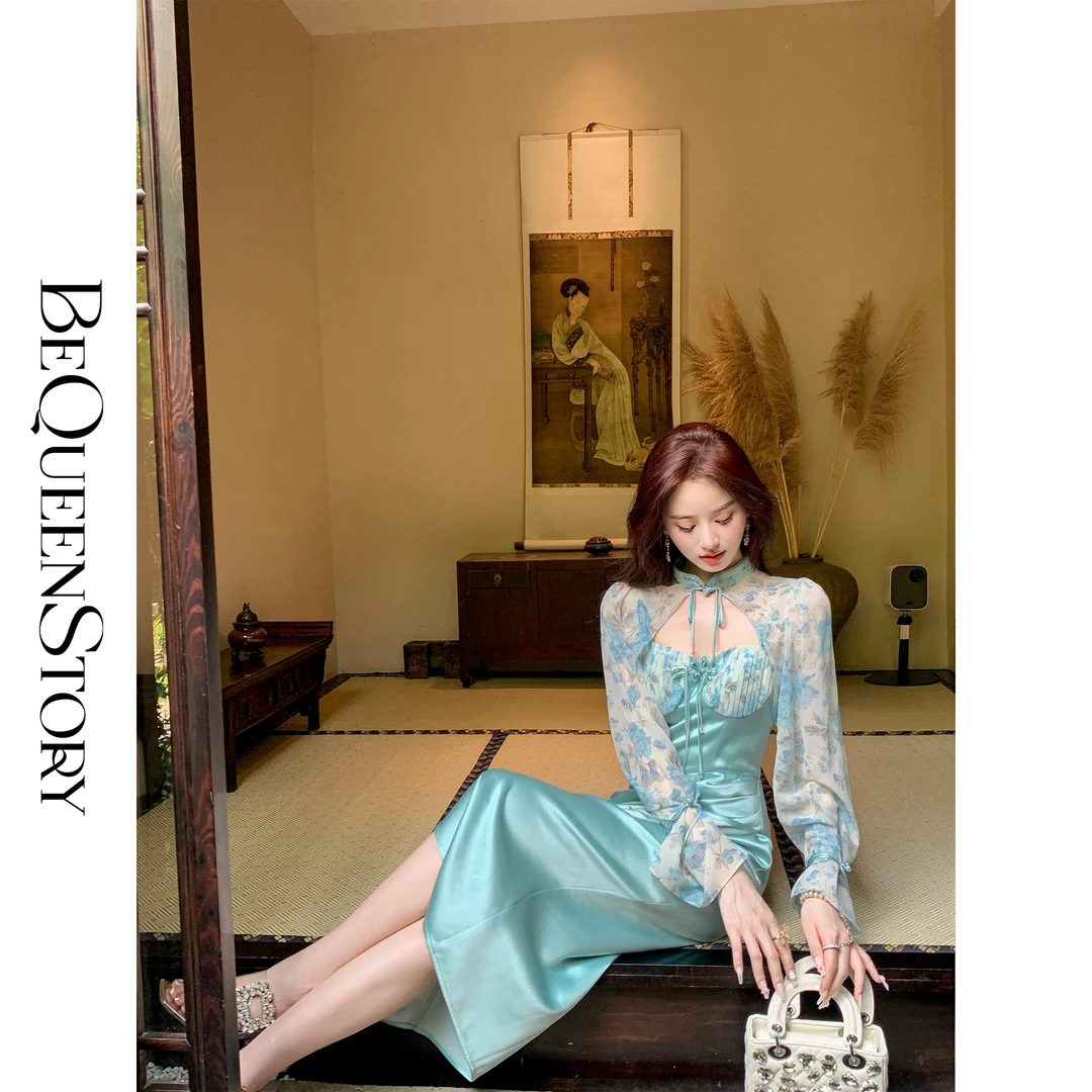 余潇潇【水韵青莲】国风缎面拼接丝滑印花内里吊带连衣裙