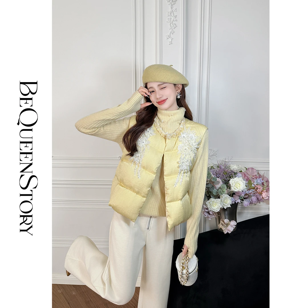 余潇潇【璀璨金乌】重工立体蕾丝花朵短款圆领羽绒马甲女款外穿