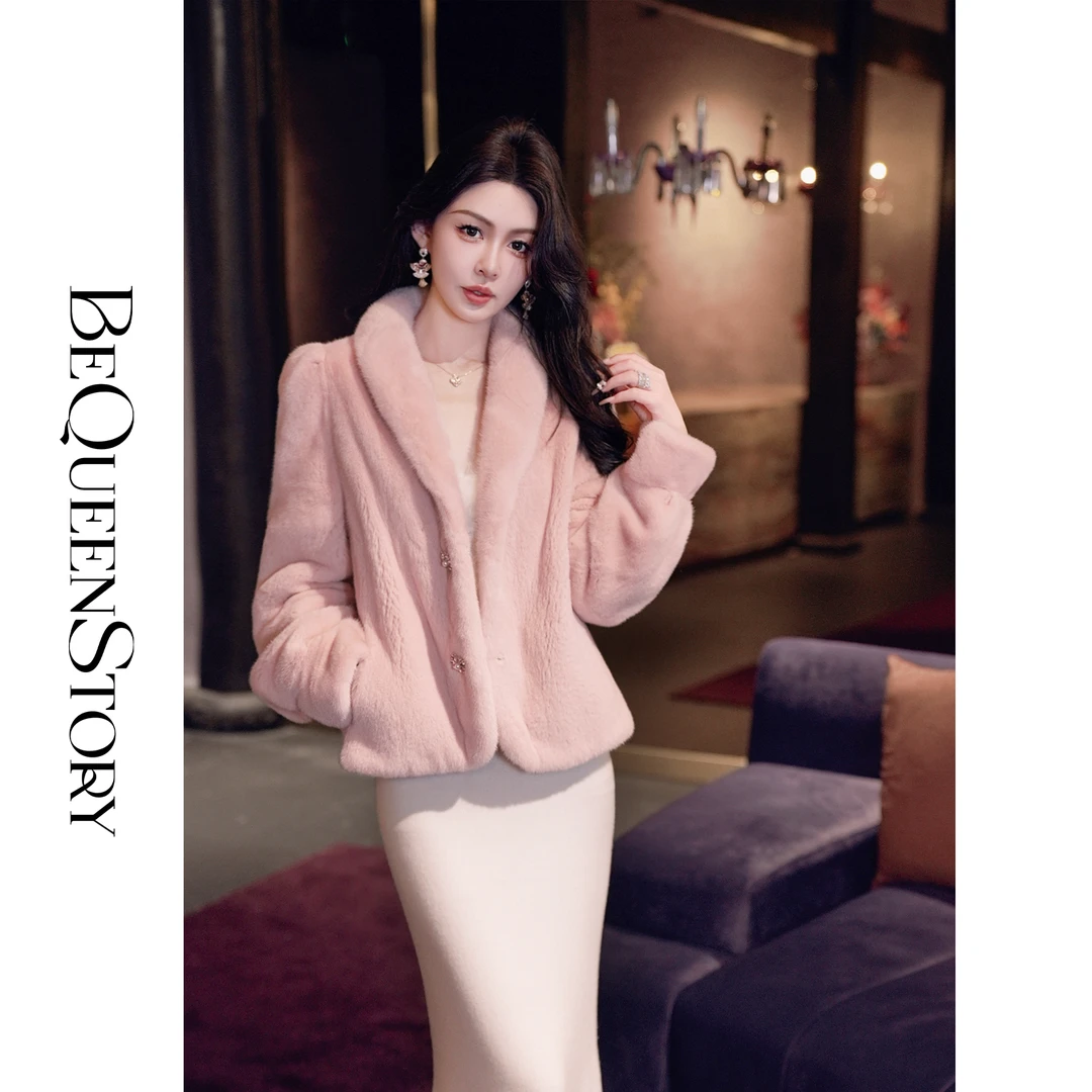 余潇潇【高奢格调】高定丹麦紫标天鹅绒水貂泡泡袖翻领外套女