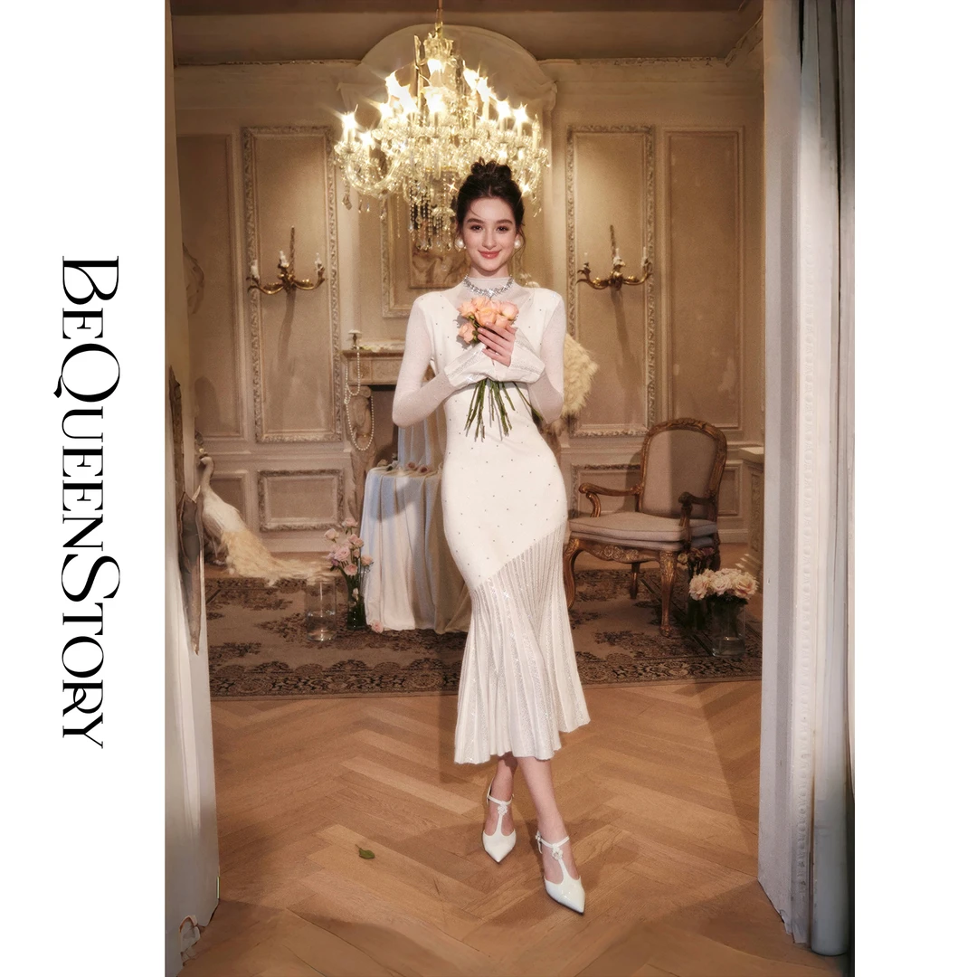 余潇潇【月光琴弦】手工烫钻气质收腰显瘦长袖绵羊毛连衣裙