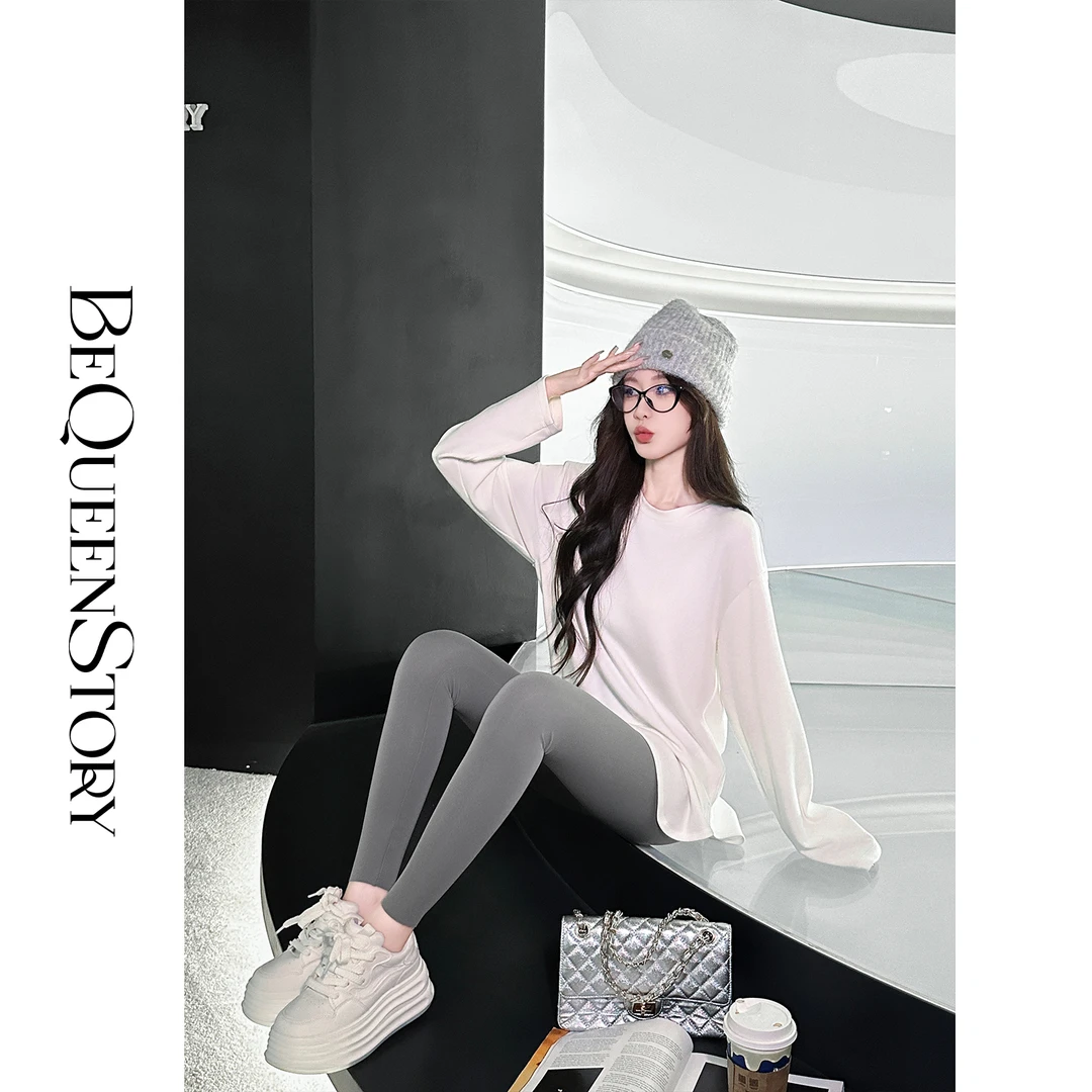 余潇潇【氧气云朵】宽松简约通勤百搭纯色圆领长袖打底T恤