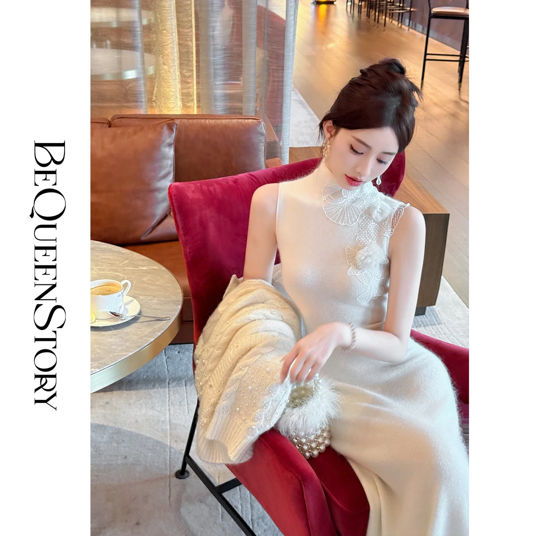 余潇潇【玲珑曲线】质时尚马海毛混纺收腰高领背心连衣裙秋冬女装