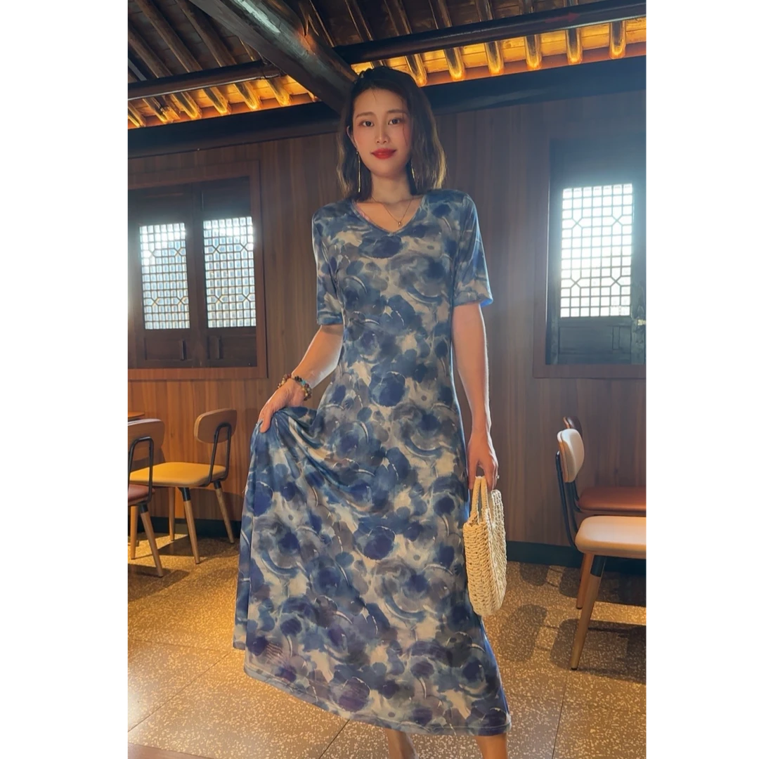 YJZY蓝色油画~设计师原创法式夏季时尚V领高腰女装修身显瘦连衣裙